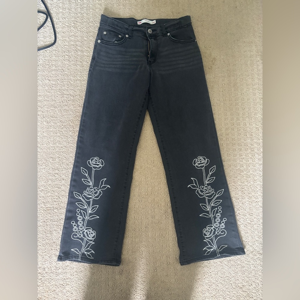 Levi's Black Wide Leg Jeans with White Floral Embroidery
